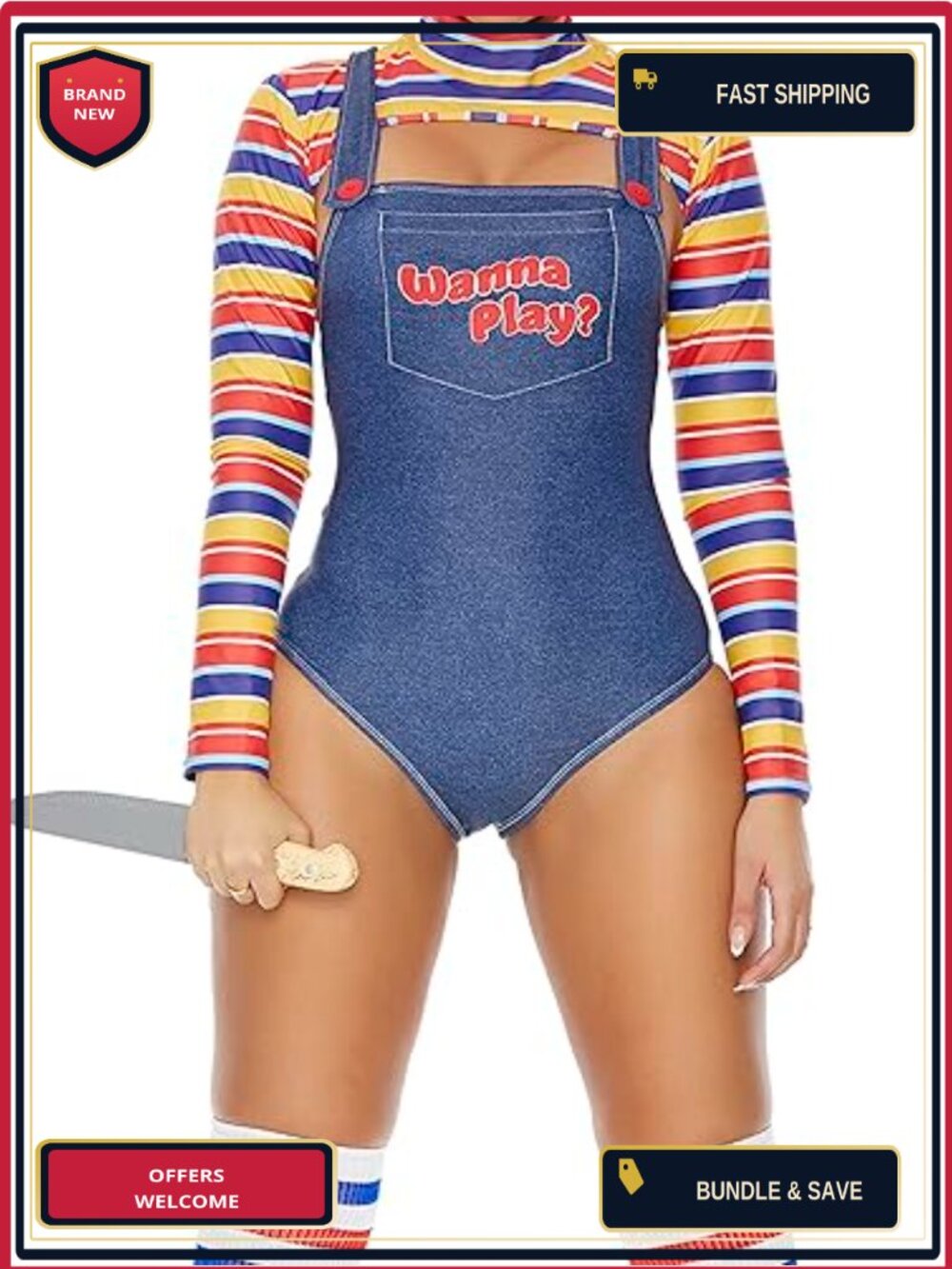 Women's 5-Piece Gothic Costume Set Striped Bolero Bodysuit Socks Wig Knife